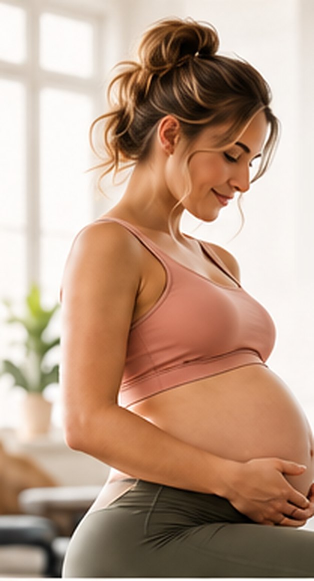 A pregnant woman in a soft pink sports top resting her hands on her belly