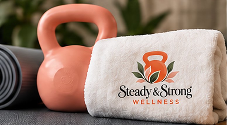 Coral kettlebell next to a branded gym towel